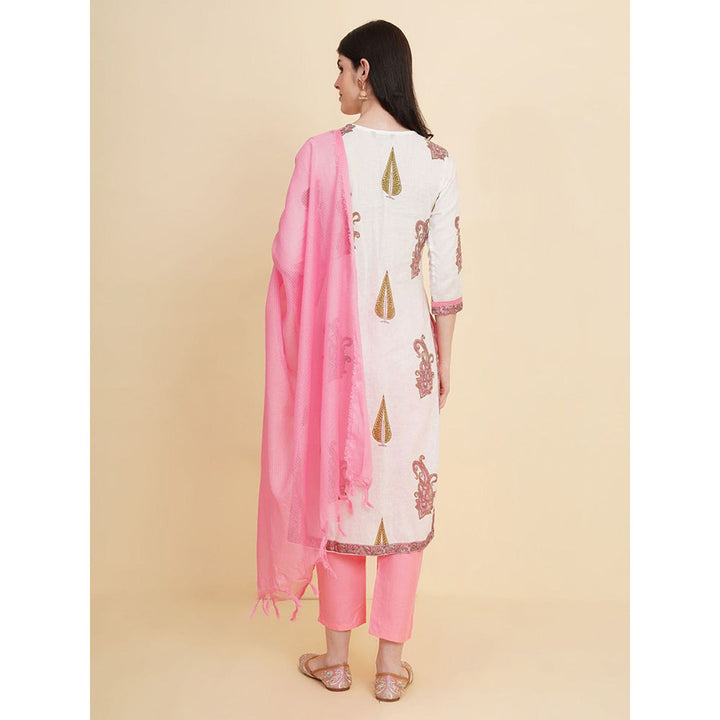 Odette White Cotton Printed Kurta with Pant & Dupatta For Women (Set of 3)