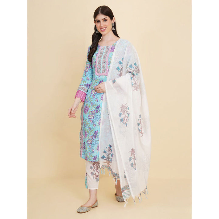 Odette Blue Cotton Printed Kurta with Pant & Dupatta For Women (Set of 3)