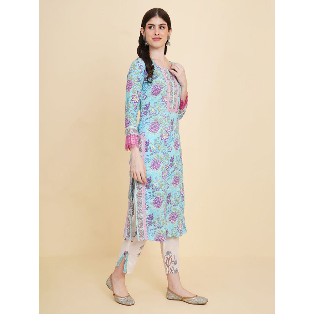 Odette Blue Cotton Printed Kurta with Pant & Dupatta For Women (Set of 3)