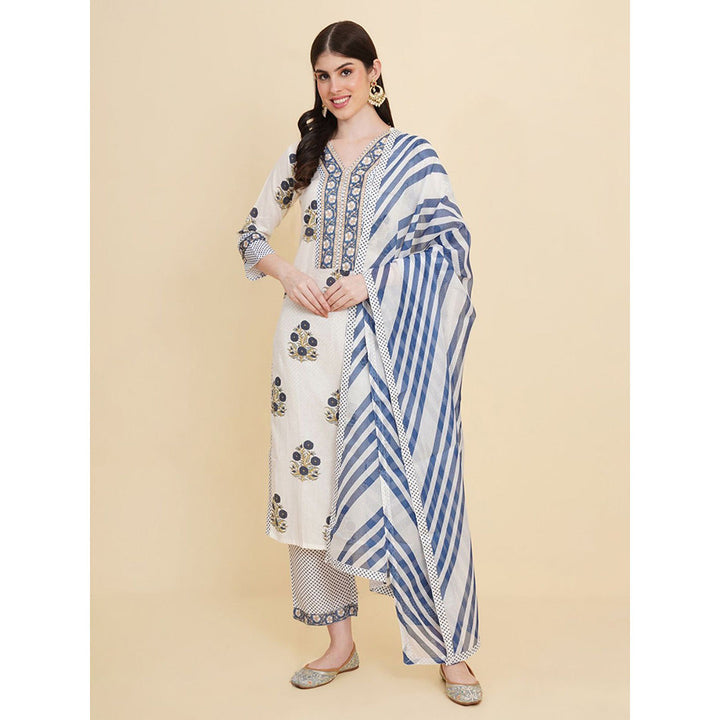 Odette White Cotton Printed Kurta with Pant & Dupatta For Women (Set of 3)