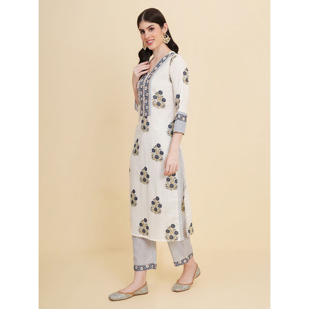 Odette White Cotton Printed Kurta with Pant & Dupatta For Women (Set of 3)