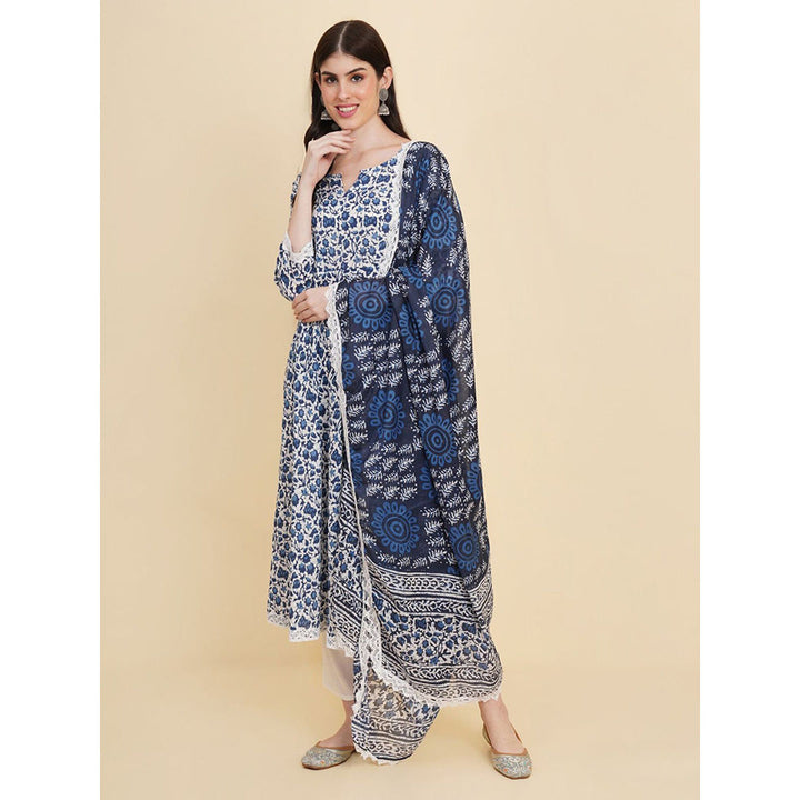 Odette Blue Rayon Printed Kurta with Pant & Dupatta For Women (Set of 3)