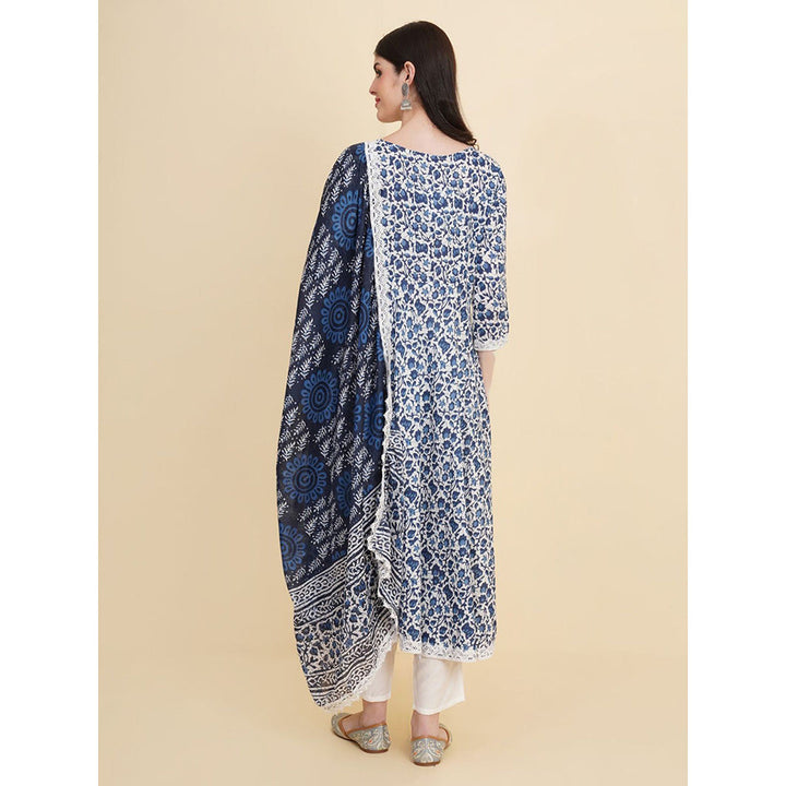 Odette Blue Rayon Printed Kurta with Pant & Dupatta For Women (Set of 3)