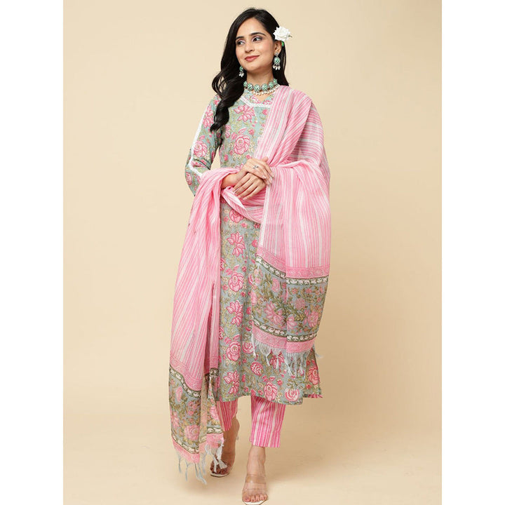 Odette Pink Cotton Blend Printed Kurta with Pant & Dupatta For Women (Set of 3)