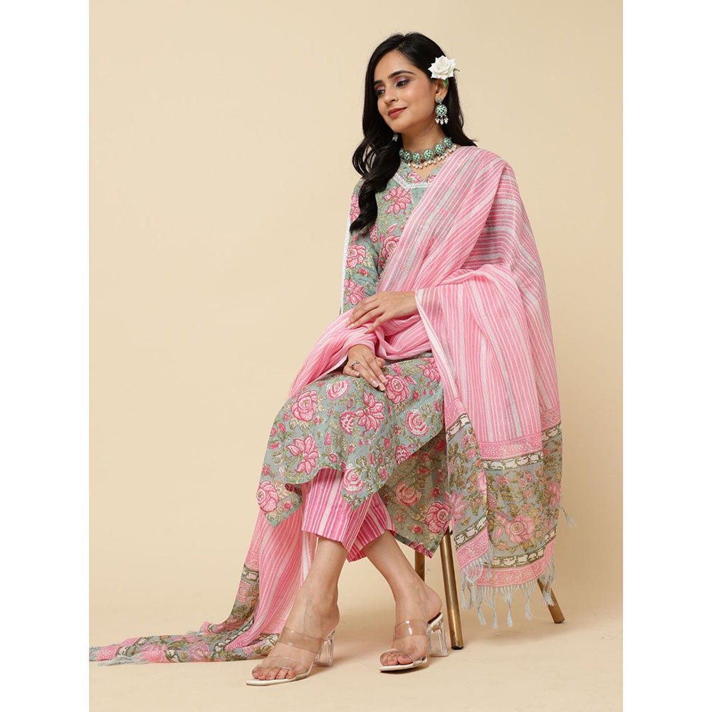 Odette Pink Cotton Blend Printed Kurta with Pant & Dupatta For Women (Set of 3)