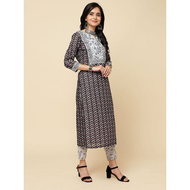 Odette Black Cotton Blend Printed Kurta with Pant & Dupatta For Women (Set of 3)