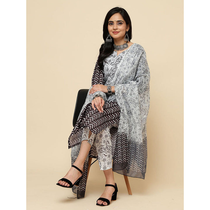 Odette Black Cotton Blend Printed Kurta with Pant & Dupatta For Women (Set of 3)