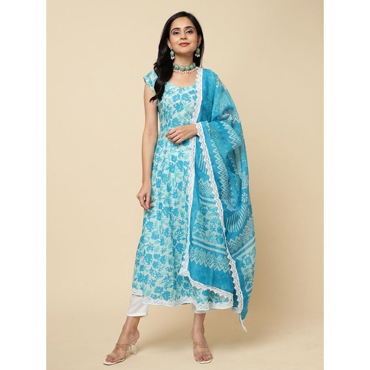 Odette Blue Cotton Blend Printed Kurta with Pant & Dupatta For Women (Set of 3)