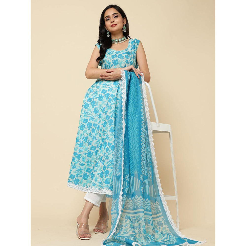 Odette Blue Cotton Blend Printed Kurta with Pant & Dupatta For Women (Set of 3)