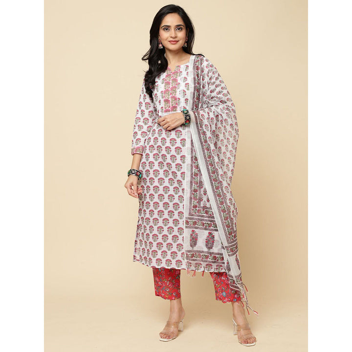 Odette Red Cotton Blend Printed Kurta with Pant & Dupatta For Women (Set of 3)