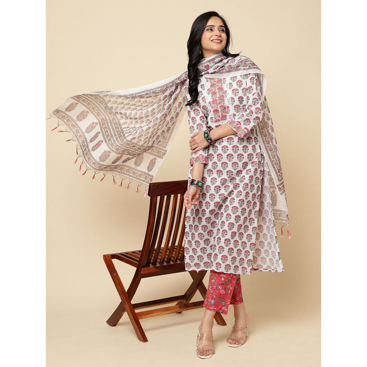 Odette Red Cotton Blend Printed Kurta with Pant & Dupatta For Women (Set of 3)