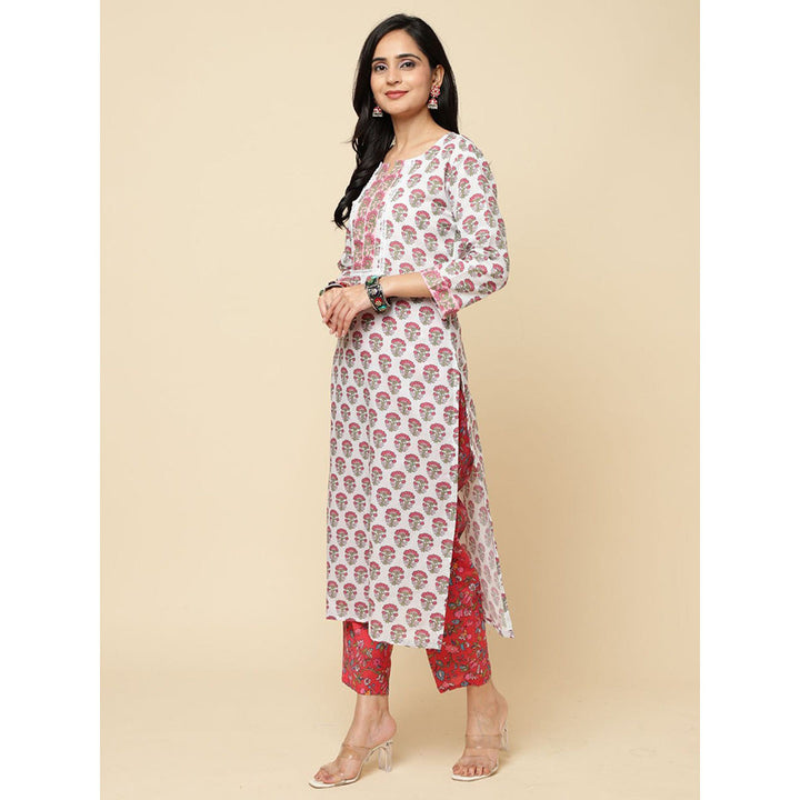 Odette Red Cotton Blend Printed Kurta with Pant & Dupatta For Women (Set of 3)