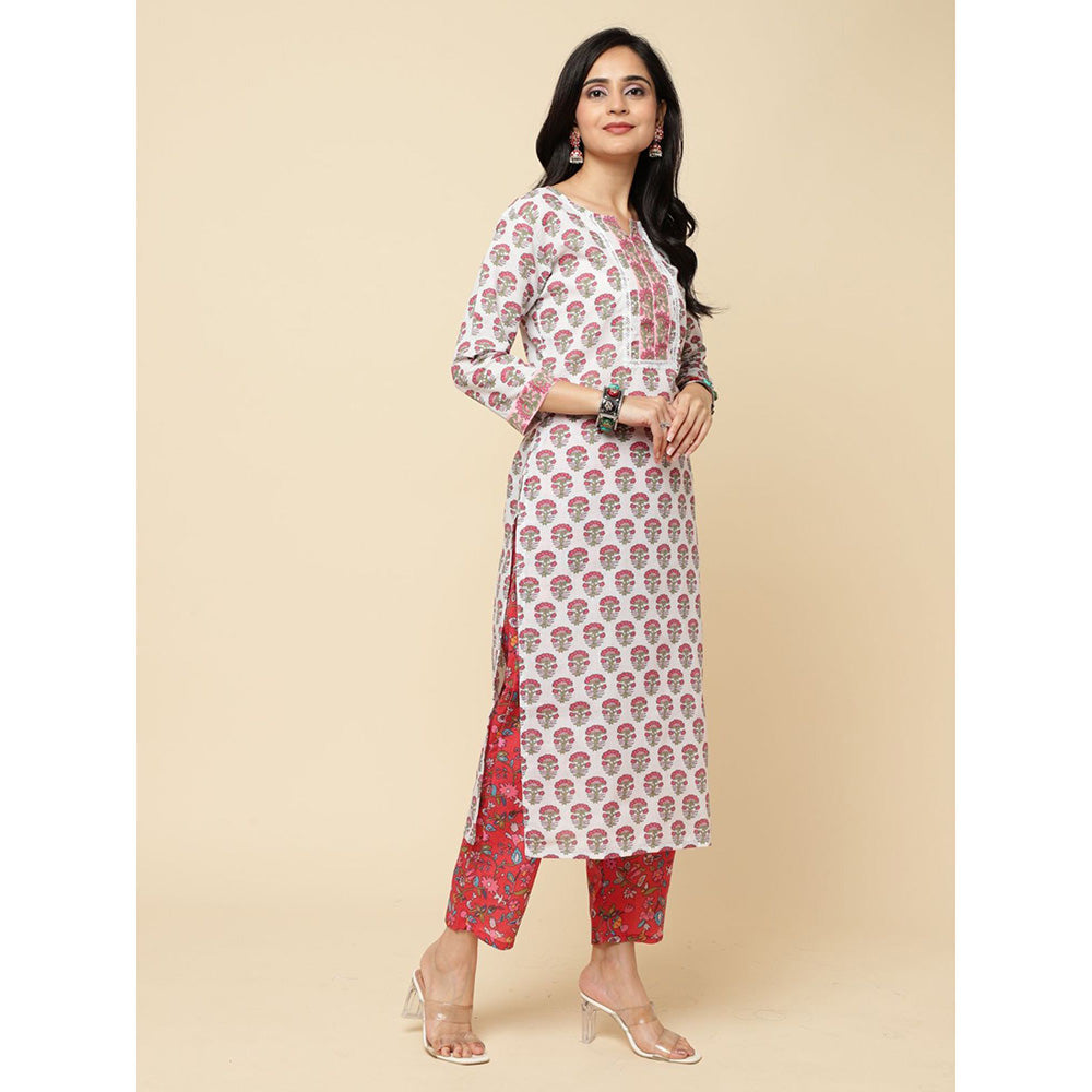 Odette Red Cotton Blend Printed Kurta with Pant & Dupatta For Women (Set of 3)