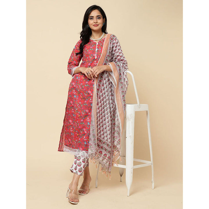 Odette Red Cotton Blend Printed Kurta with Pant & Dupatta For Women (Set of 3)