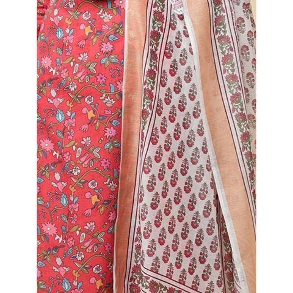 Odette Red Cotton Blend Printed Kurta with Pant & Dupatta For Women (Set of 3)