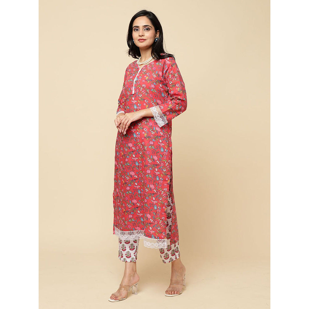 Odette Red Cotton Blend Printed Kurta with Pant & Dupatta For Women (Set of 3)