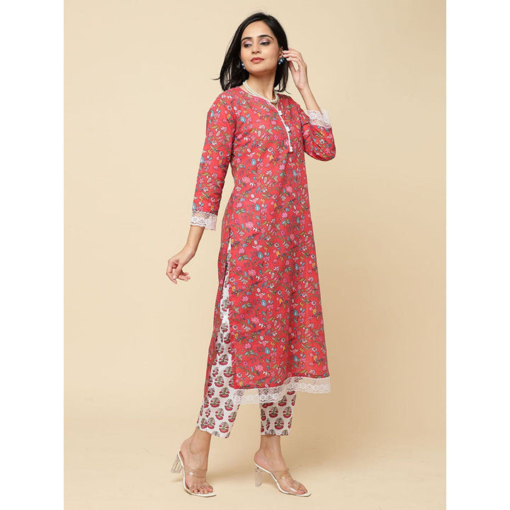 Odette Red Cotton Blend Printed Kurta with Pant & Dupatta For Women (Set of 3)