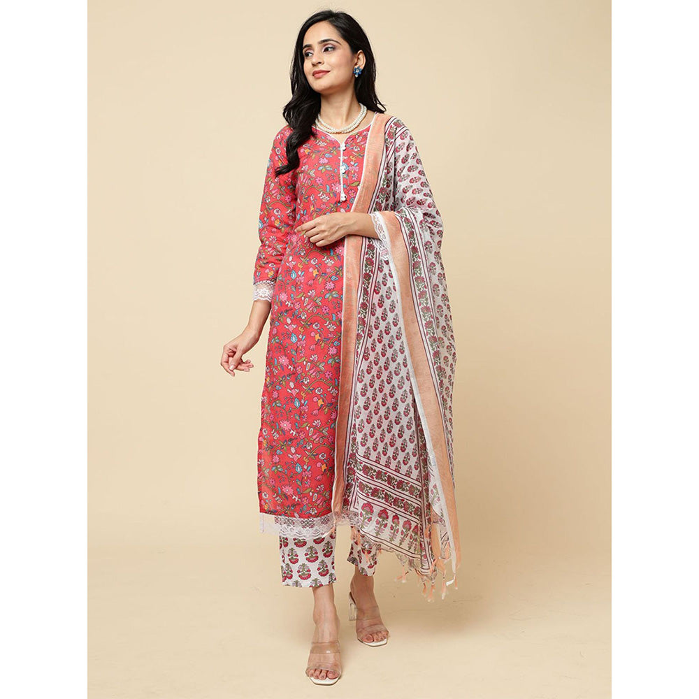 Odette Red Cotton Blend Printed Kurta with Pant & Dupatta For Women (Set of 3)