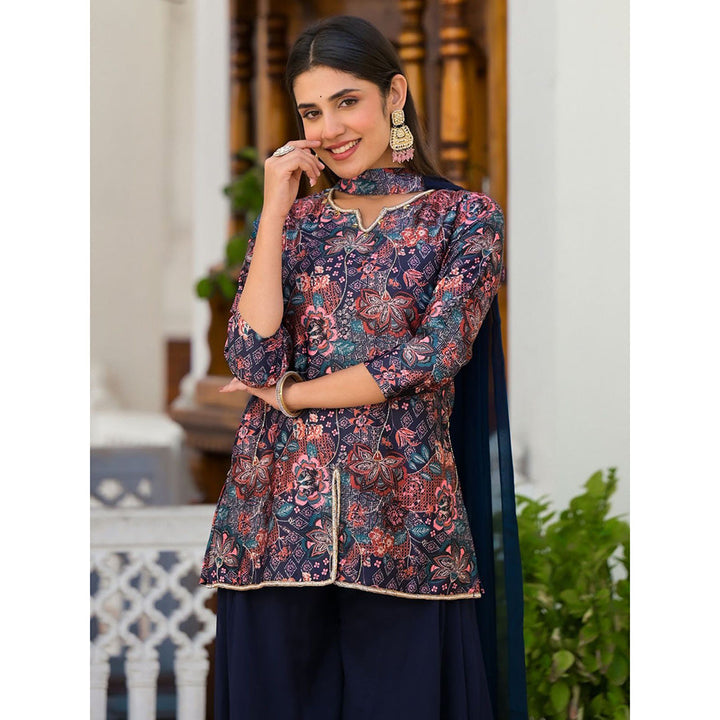 Odette Blue Dull Satin Printed Kurti with Palazzo & Dupatta For Women (Set of 3)