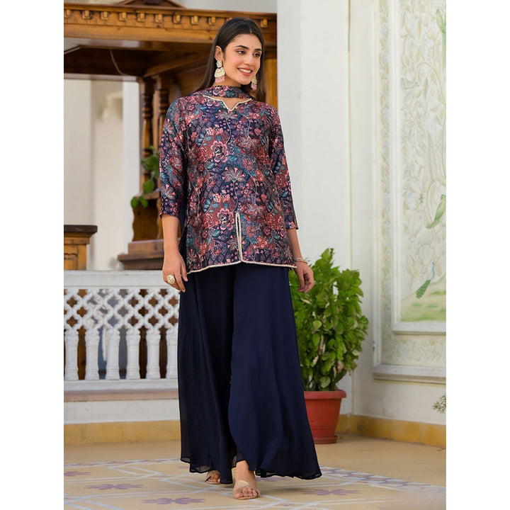 Odette Blue Dull Satin Printed Kurti with Palazzo & Dupatta For Women (Set of 3)