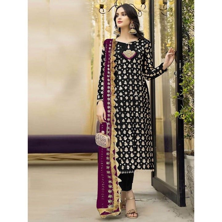 Odette Magenta & Black Embroidered Semi Stitched Kurta with Bottom & Dupatta (Set of 3)