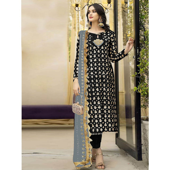 Odette Grey & Black Embroidered Semi Stitched Kurta with Bottom & Dupatta (Set of 3)