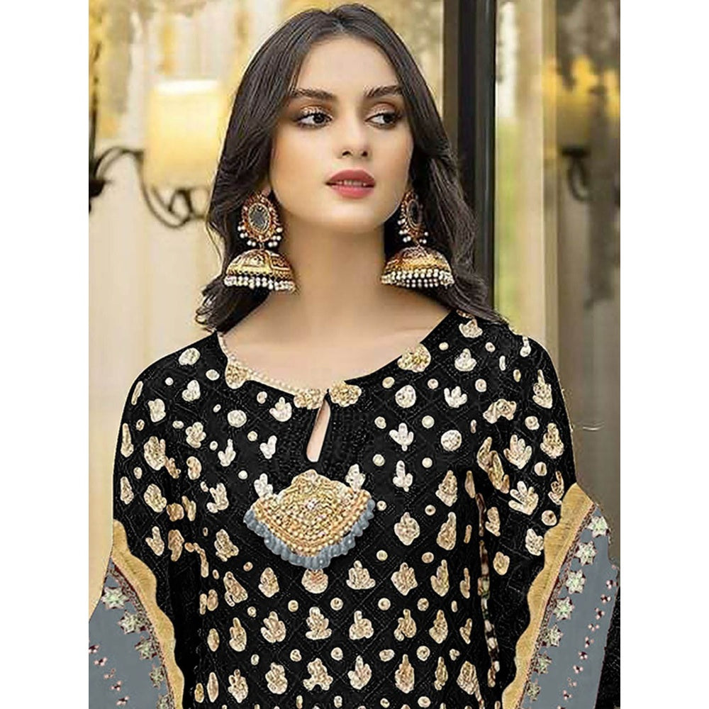 Odette Grey & Black Embroidered Semi Stitched Kurta with Bottom & Dupatta (Set of 3)