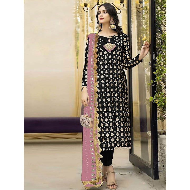 Odette Pink & Black Embroidered Semi Stitched Kurta with Bottom & Dupatta (Set of 3)