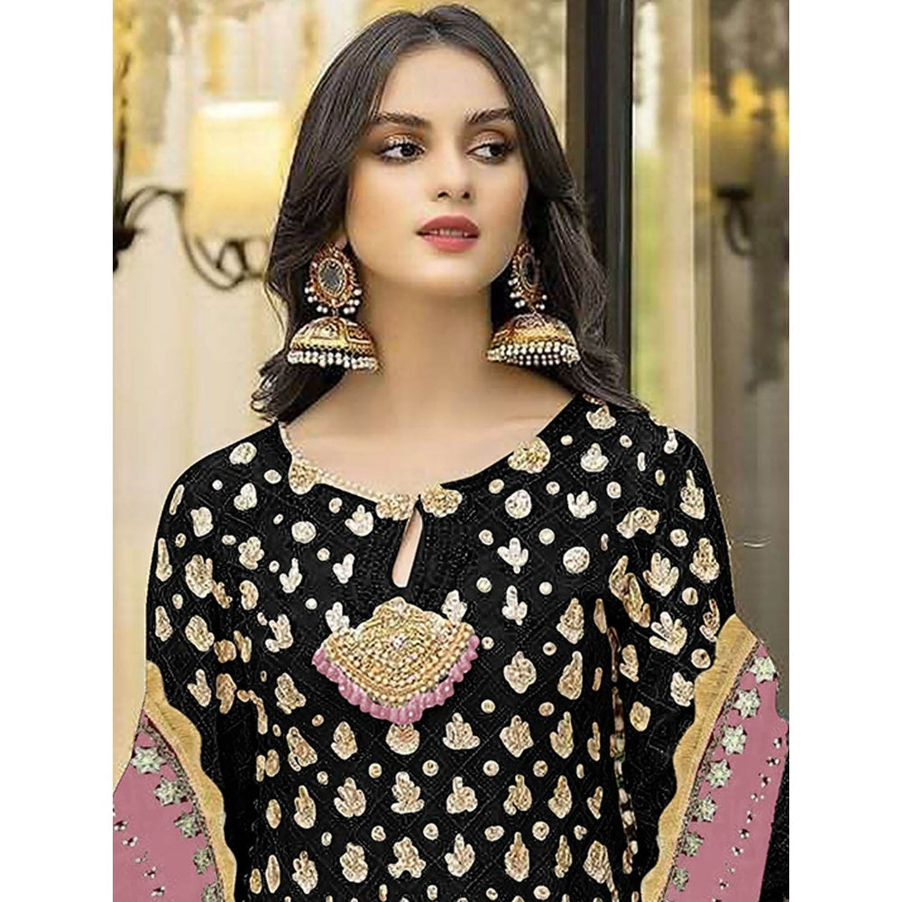 Odette Pink & Black Embroidered Semi Stitched Kurta with Bottom & Dupatta (Set of 3)