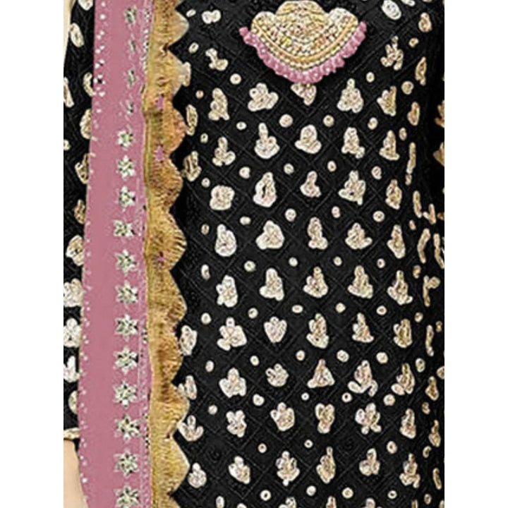 Odette Pink & Black Embroidered Semi Stitched Kurta with Bottom & Dupatta (Set of 3)