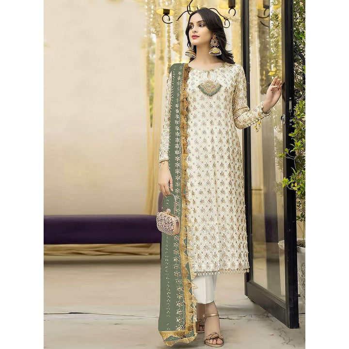 Odette Green & Cream Embroidered Semi Stitched Kurta with Bottom & Dupatta (Set of 3)