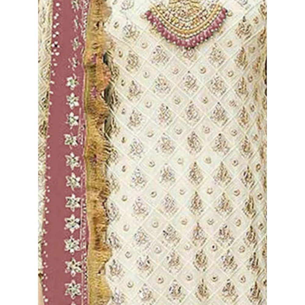 Odette Pink & Cream Embroidered Semi Stitched Kurta with Bottom & Dupatta (Set of 3)