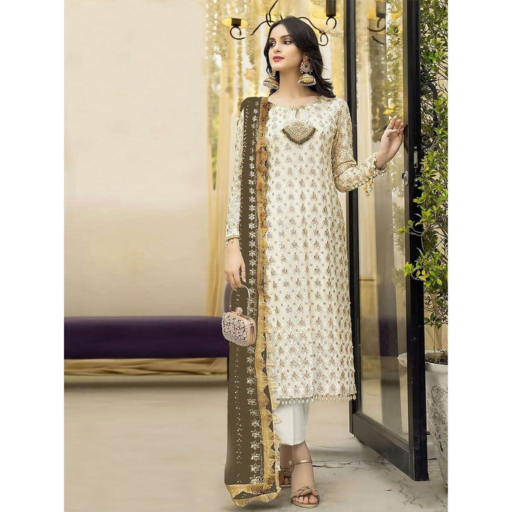 Odette Olive & Cream Embroidered Semi Stitched Kurta with Bottom & Dupatta (Set of 3)