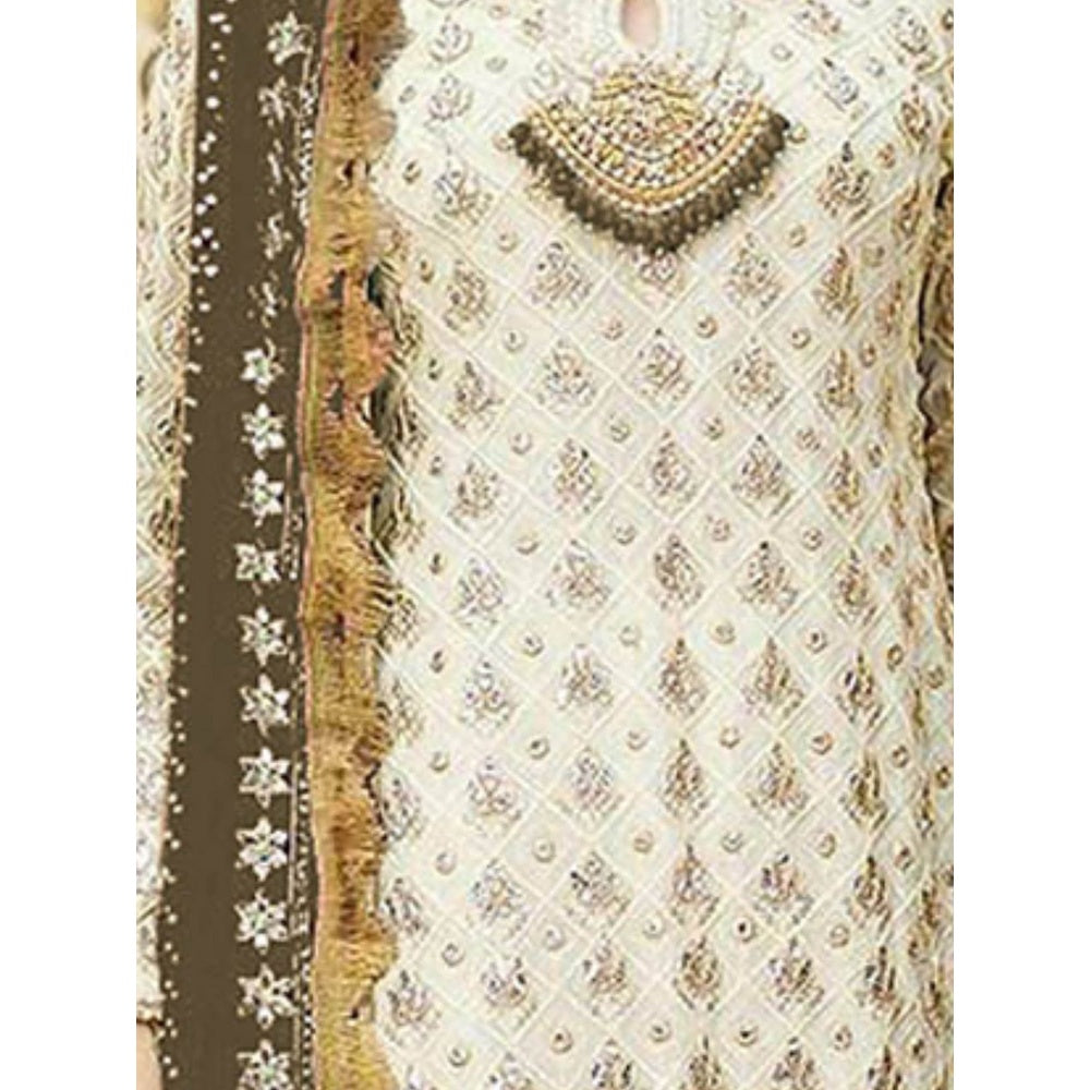 Odette Olive & Cream Embroidered Semi Stitched Kurta with Bottom & Dupatta (Set of 3)