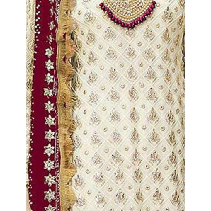 Odette Red & Cream Embroidered Semi Stitched Kurta with Bottom & Dupatta (Set of 3)