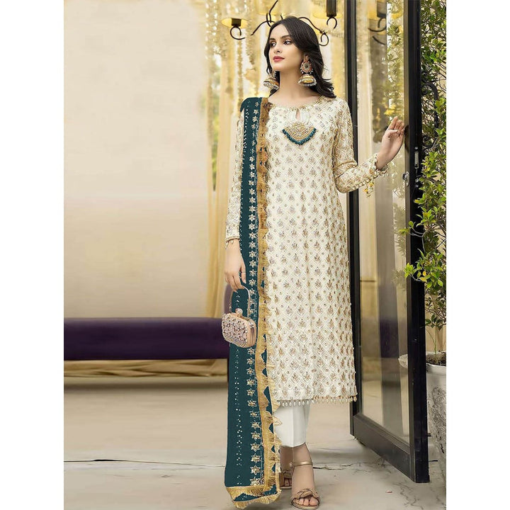 Odette Teal & Cream Embroidered Semi Stitched Kurta with Bottom & Dupatta (Set of 3)