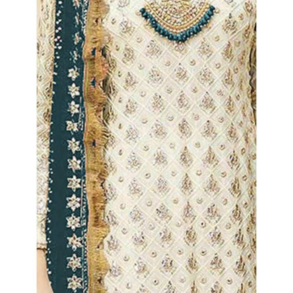 Odette Teal & Cream Embroidered Semi Stitched Kurta with Bottom & Dupatta (Set of 3)