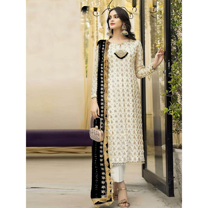 Odette Black & Cream Embroidered Semi Stitched Kurta with Bottom & Dupatta (Set of 3)