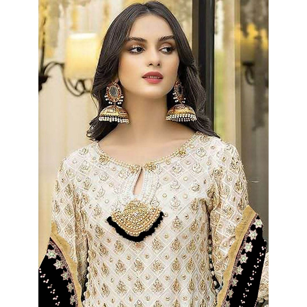 Odette Black & Cream Embroidered Semi Stitched Kurta with Bottom & Dupatta (Set of 3)