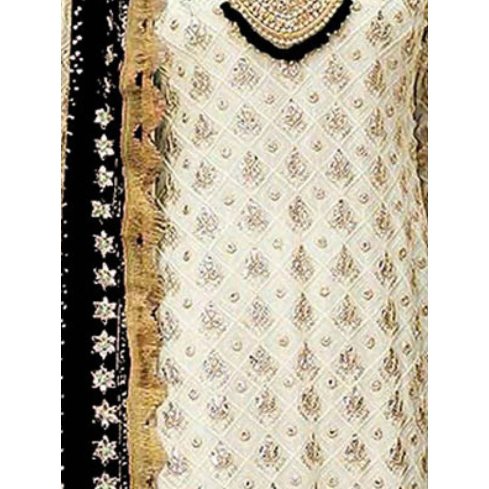 Odette Black & Cream Embroidered Semi Stitched Kurta with Bottom & Dupatta (Set of 3)