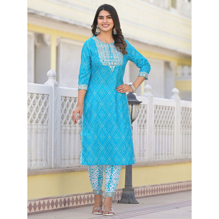 Odette Blue Cotton Bandhani Printed Kurta with Pant & Dupatta (Set of 3)