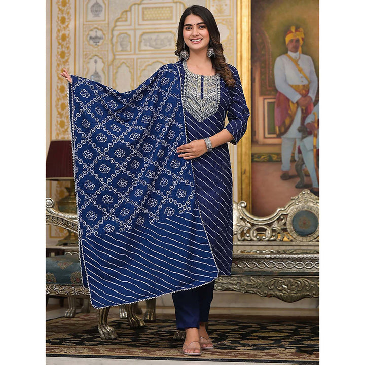 Odette Navy Blue Leheriya Printed Cotton Kurta with Pant & Dupatta (Set of 3)