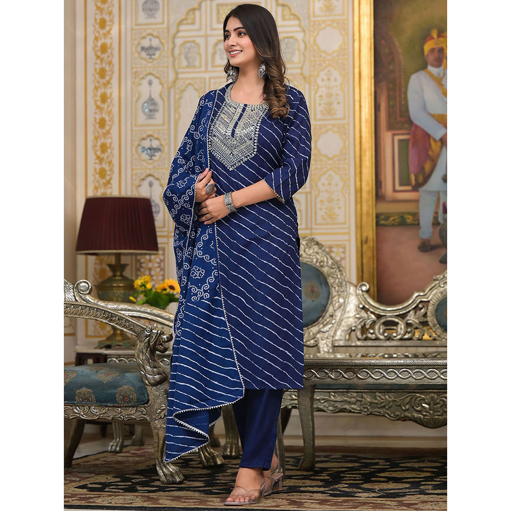 Odette Navy Blue Leheriya Printed Cotton Kurta with Pant & Dupatta (Set of 3)