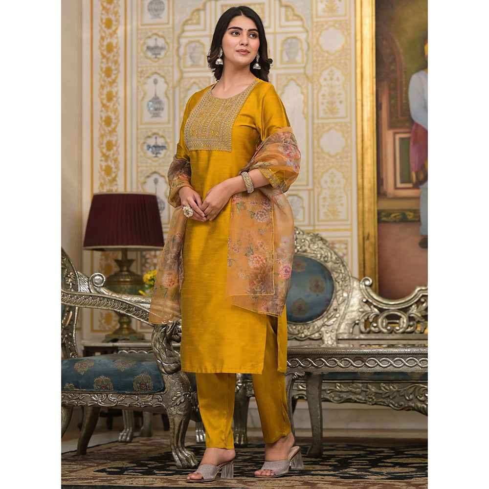 Odette Mustard Embroidered Poly Silk Kurta with Pant & Dupatta (Set of 3)