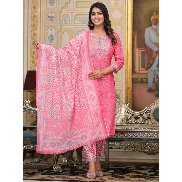 Odette Pink Cotton Bandhani Printed Kurta with Pant & Dupatta (Set of 3)