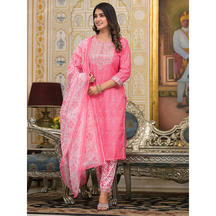 Odette Pink Cotton Bandhani Printed Kurta with Pant & Dupatta (Set of 3)