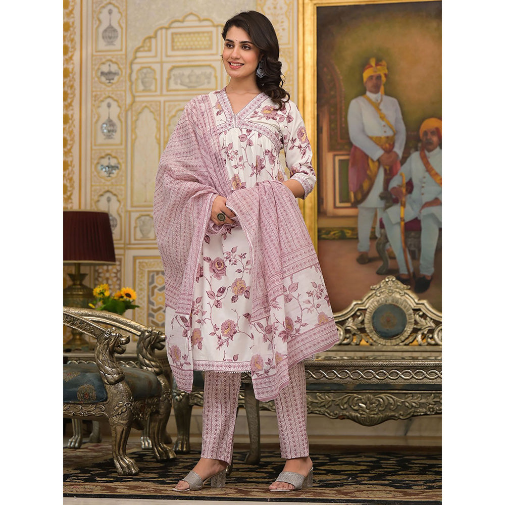 Odette White Floral Printed Cotton Kurta with Pant & Dupatta (Set of 3)