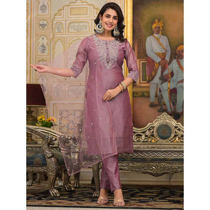 Odette Mauve Embroidered Cotton Silk Kurta with Pant & Dupatta (Set of 3)