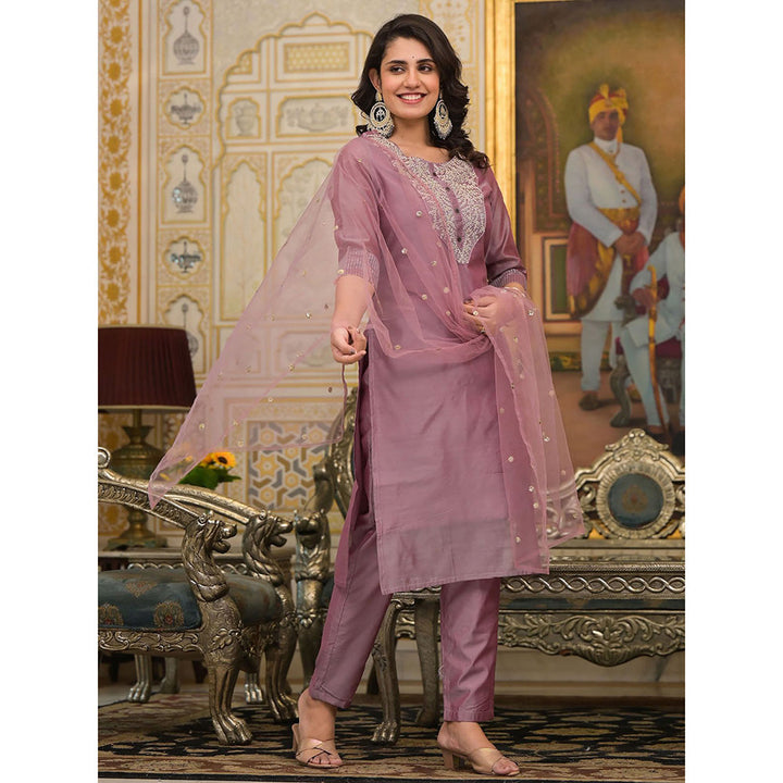 Odette Mauve Embroidered Cotton Silk Kurta with Pant & Dupatta (Set of 3)