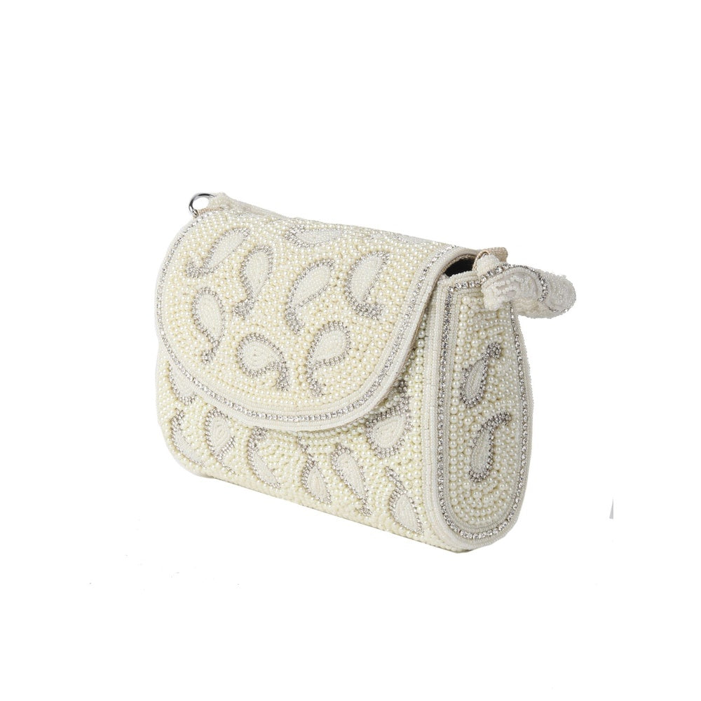 Odette Statement Ornate White Pearl Embellished Clutch for Women